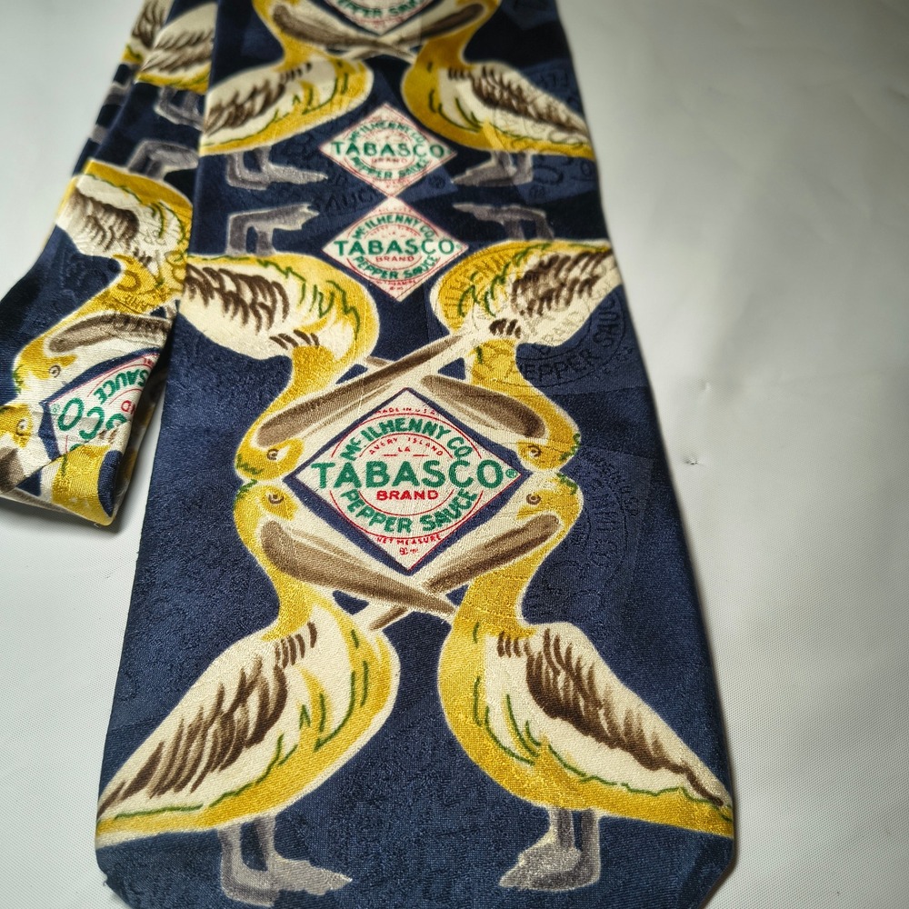 Vintage Tabasco Silk Tie Mens Navy Blue Pelican Pepper Sauce Novelty Made in USA